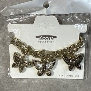 Icon Collection Butterfly Charm Bracelet Gold tone White Crystal